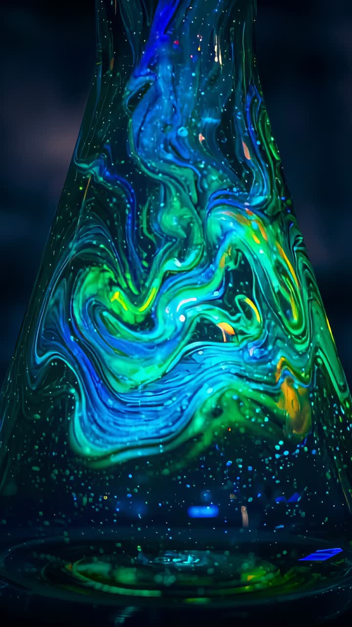 Vertical video: Base light sparking conical vessel making blue flecked wax swirls on table