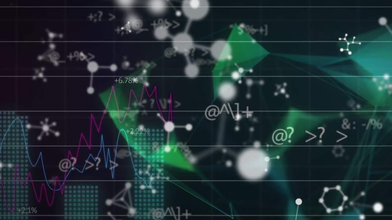 검은색 바탕에 분자 위의 데이터 처리 및 모양의 애니메이션