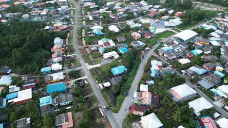 aerial drone view during summer kabong fishing village,with river and beach,sarawak,borneo