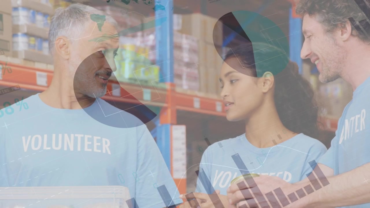 Diverse Volunteers Organizing Food Donations in a Warehouse