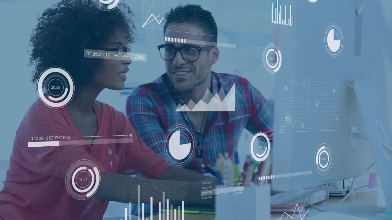 Animation of financial data processing over two diverse business people