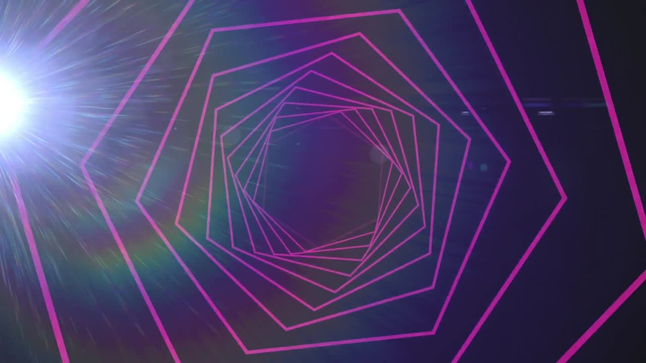 formas hexagonales que giran en movimiento sin costuras contra el punto de luz sobre fondo azul