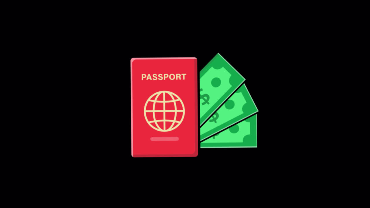 Passaporte Animado e Notas de Dólar em Fundo Preto