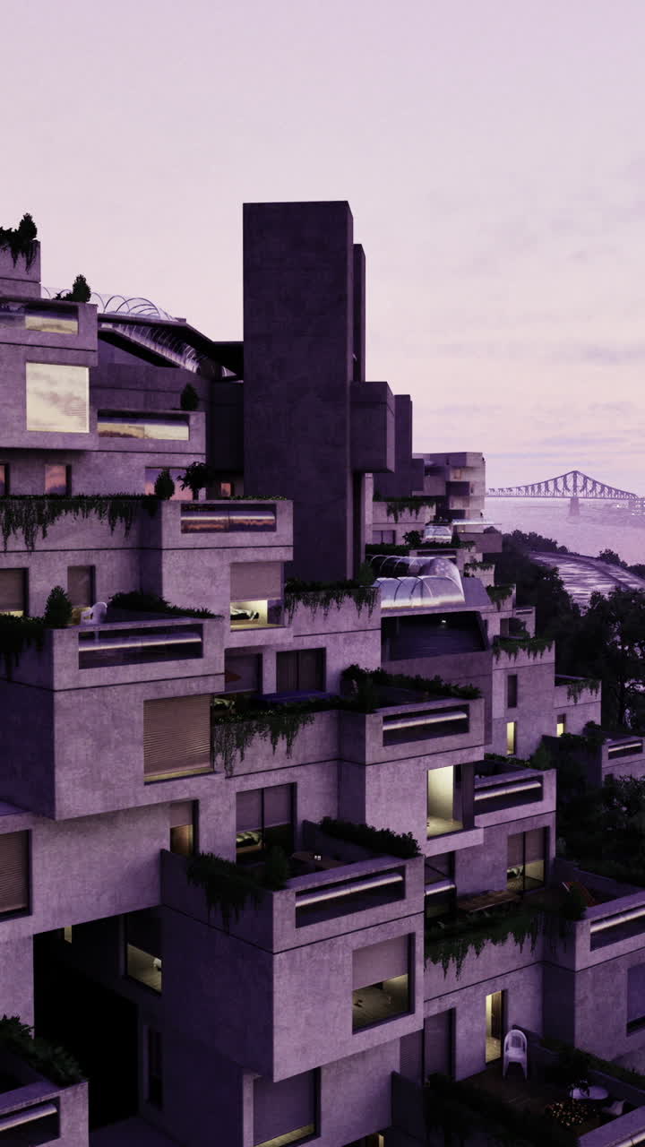 Modern architecture along riverside at dusk showcasing unique design