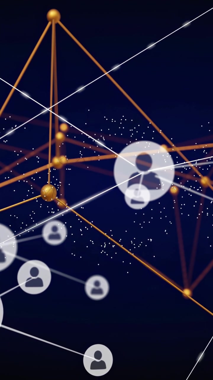 Vertical video: Main avatar emerging pulsing linking gold dots via white beams showing tech network