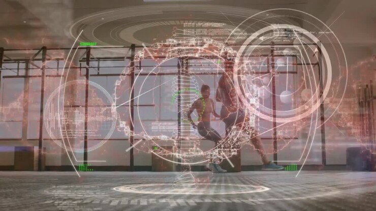 Animation of digital brain and scope scanning over caucasian couple exercising