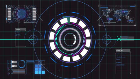 Animation of scope scanning and data processing with world map and grid on black background