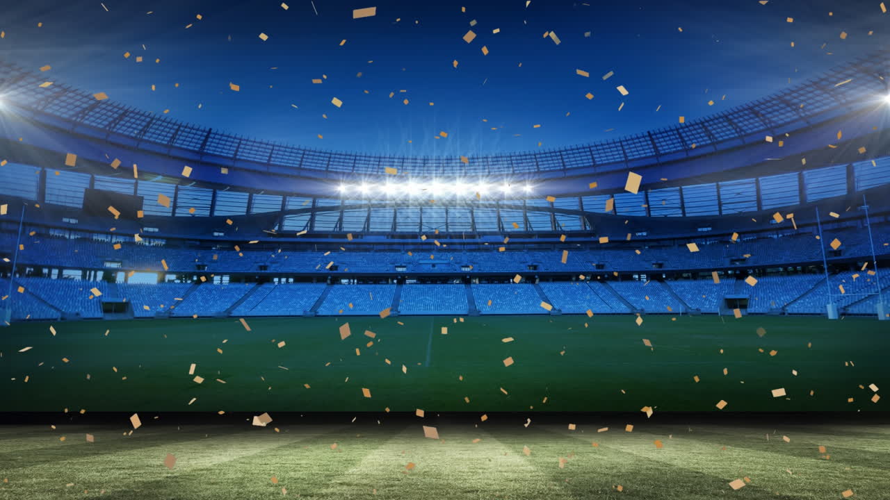 밤에 스포츠 경기장 위에 떠다니는 콘페티의 애니메이션