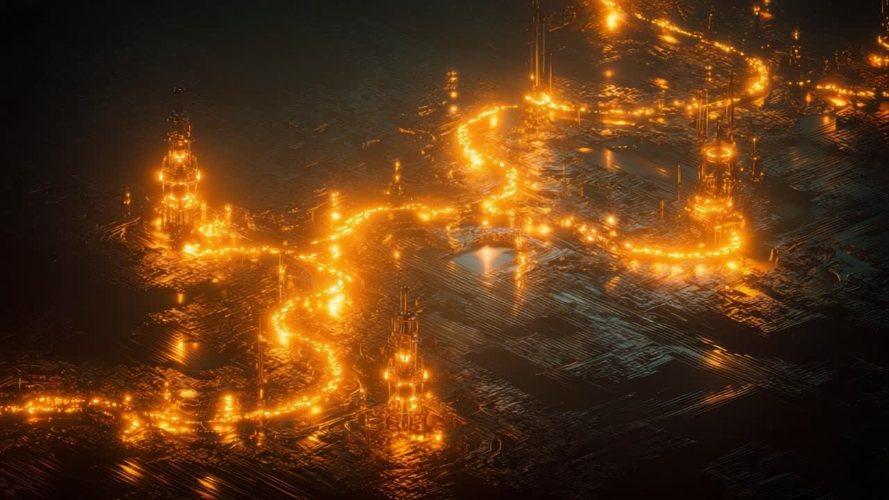 Glimmering aerial view of a futuristic city landscape at night, with towering skyscrapers and winding roads illuminated by brilliant orange and golden lights, creating a mesmerizing urban glow