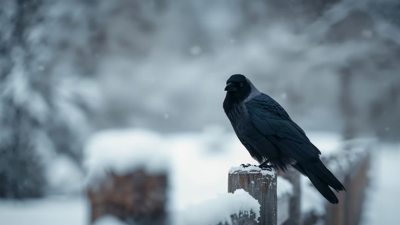 Perching hooded crow shifting head scanning winter clearing with snow-dusted fence post, copy space