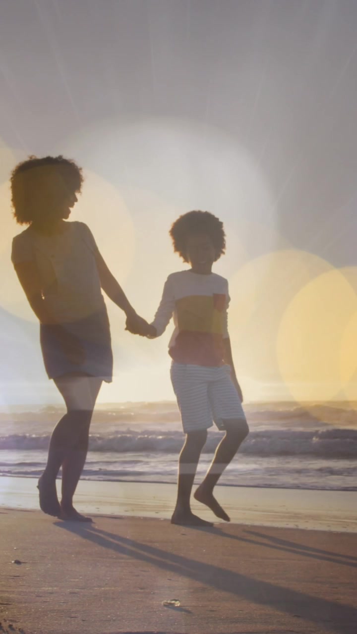 Animazione di punti luce su una famiglia afroamericana che cammina insieme