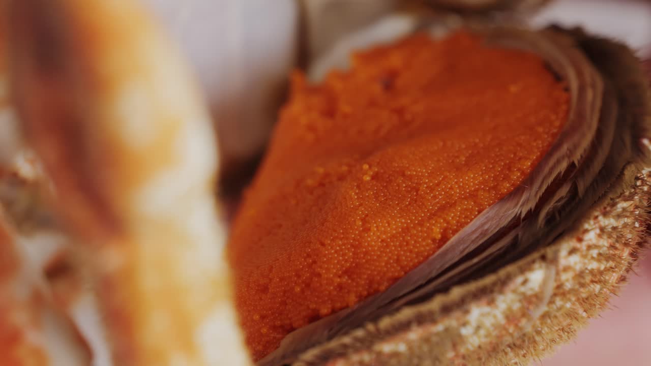Close-up of Sea Urchin Roe in Crab Shell
