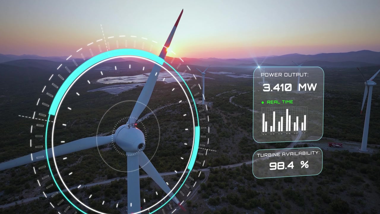 Wind turbine with an on-screen HUD displaying power output measurements and performance data over the turbine