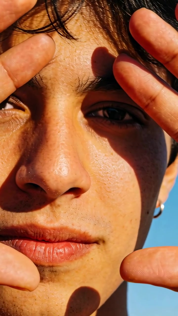 Video verticale: Inquadratura del viso maschile, uomo che alza le mani per ripararsi dal sole sotto un cielo dorato, orecchino a cerchio.