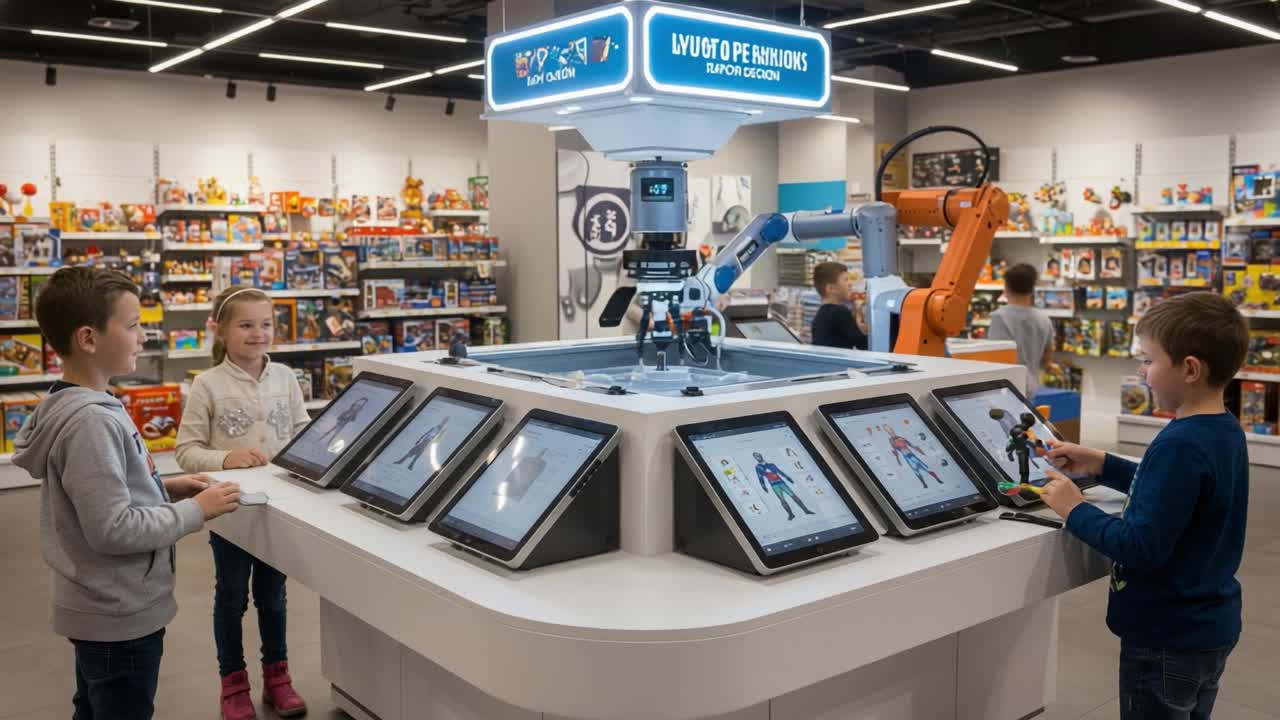 Experiência de aprendizado interativa: crianças interagindo com tecnologia robótica e telas digitais em um ambiente de loja de brinquedos moderno