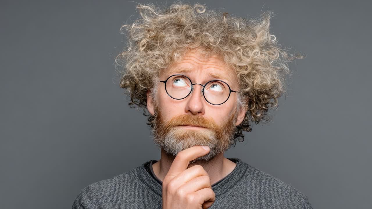 Individuo Contemplativo con Cabello Rizado y Barba Reflexionando sobre sus Pensamientos contra un Fondo Gris Neutro en Dos Cuadros Expresivos Capturados de un Video.