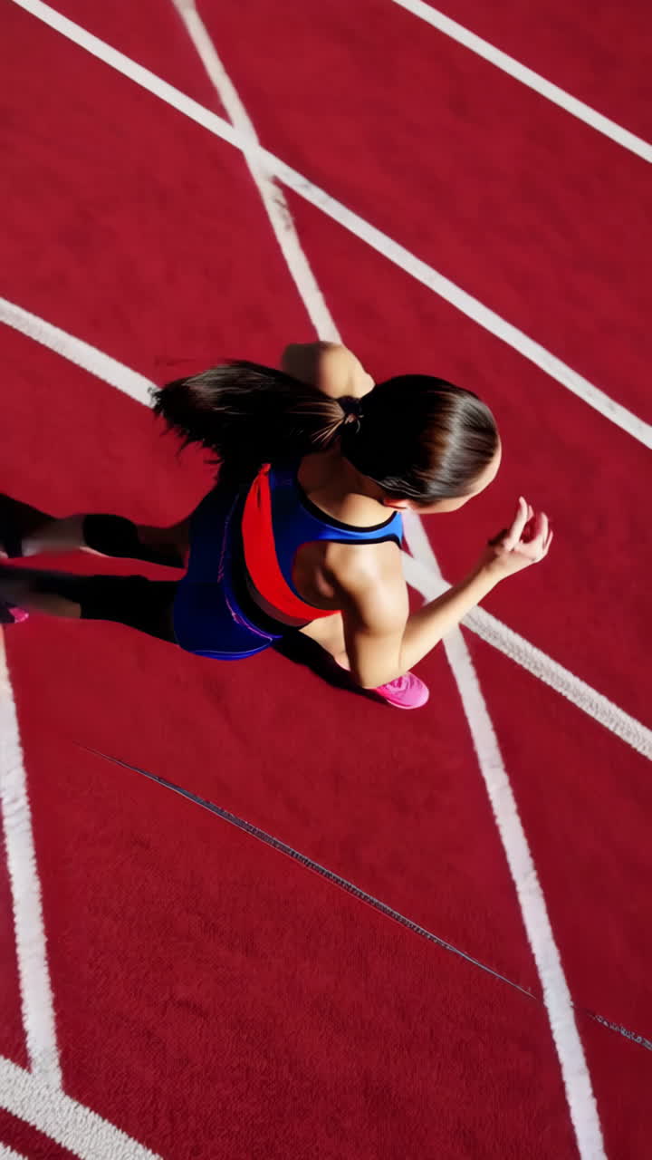An athlete running on a red track from an overhead view