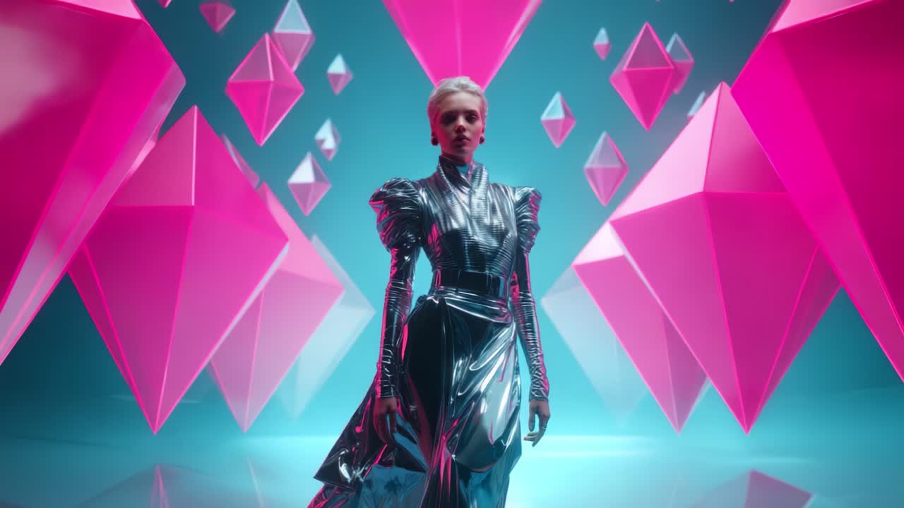 A striking visual of a futuristic figure adorned in reflective metallic attire, set against a backdrop of vibrant pink geometric crystals that exude a sense of elegance and innovation in a surreal atmosphere