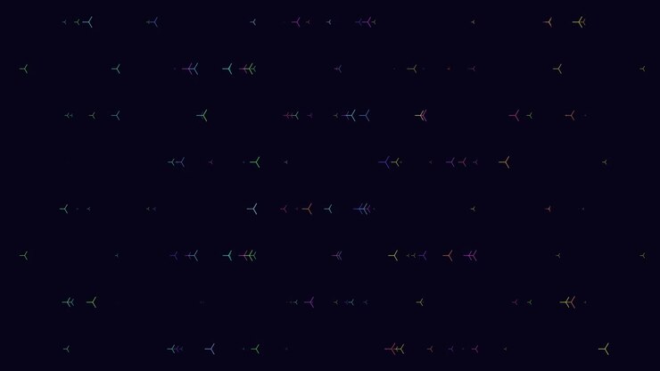 Rainbow geometric shapes pattern in rows with neon color on dark space