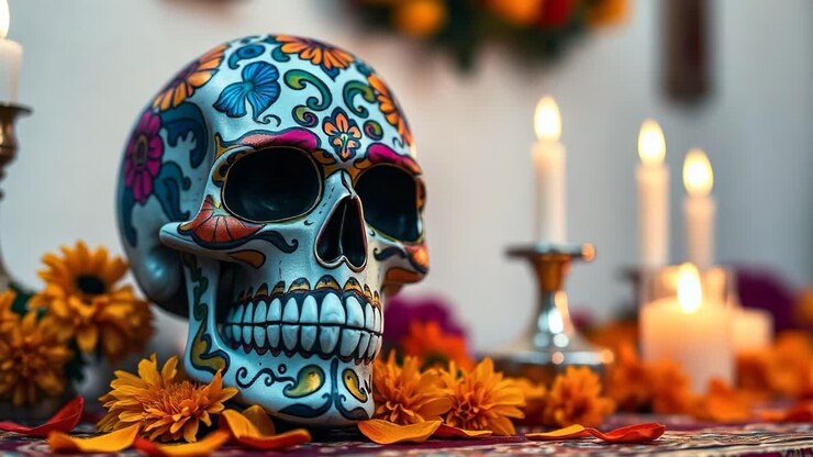 Day of the Dead Sugar Skull with Candles and Flowers