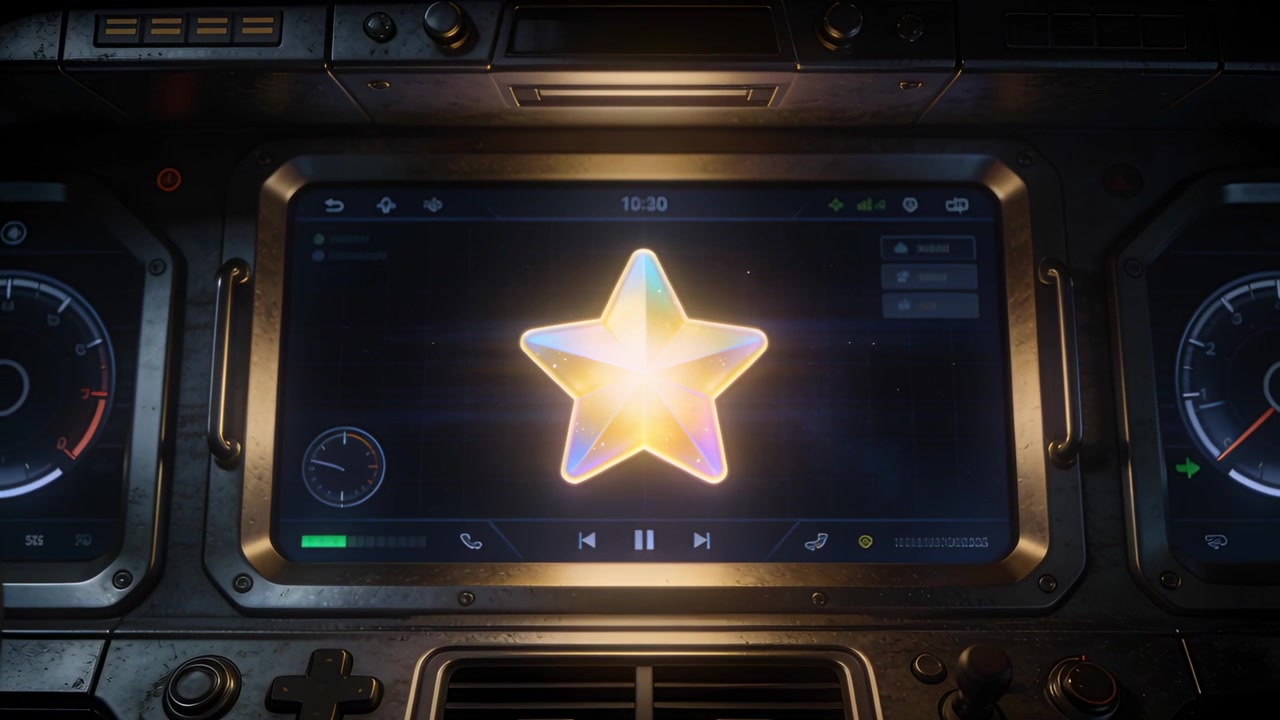 Touchscreen centrale nel cruscotto dell'auto che mostra una stella luminosa, con la telecamera che si allontana rivelando i controlli di riproduzione.