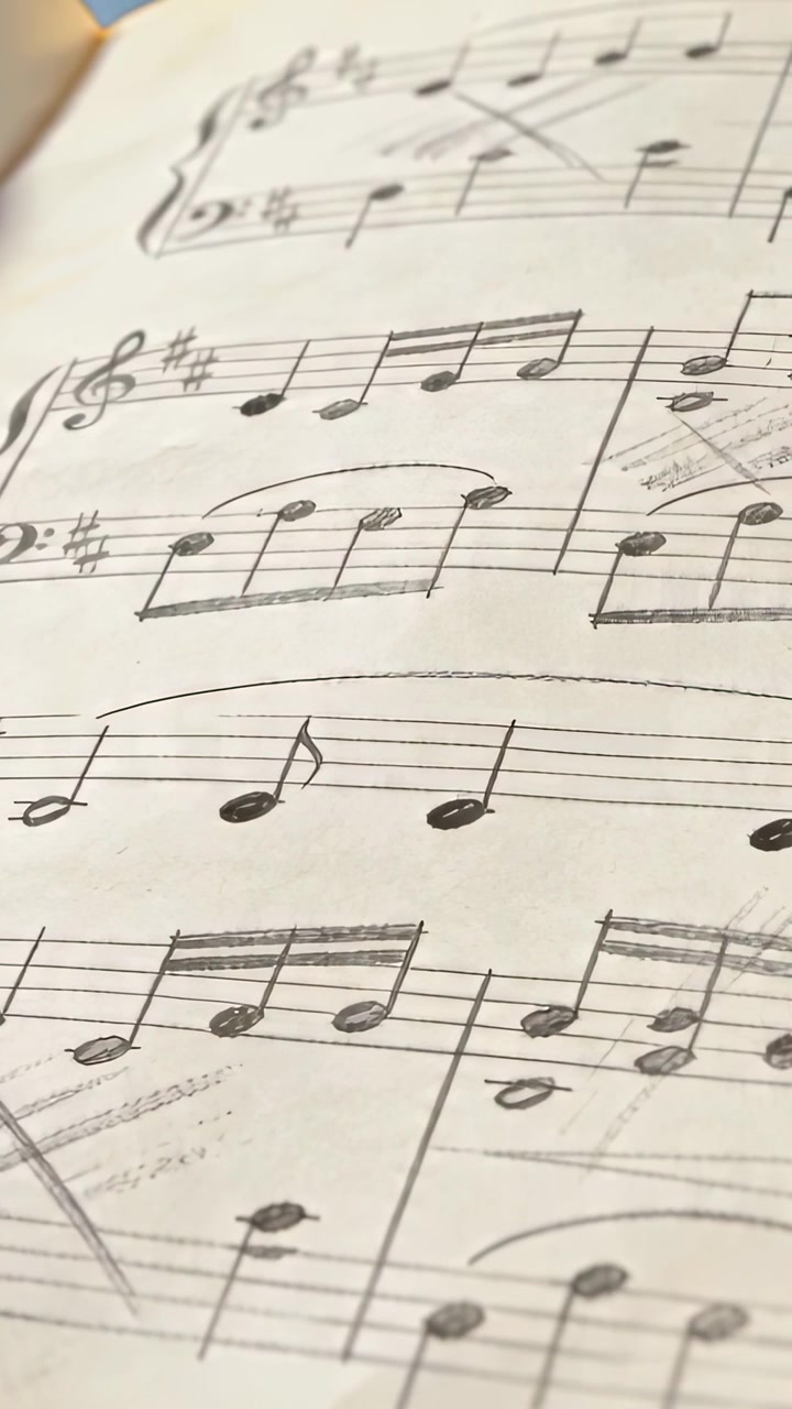Vertical video: Lifting camera panning over music page on desk, revealing crossed-out measures