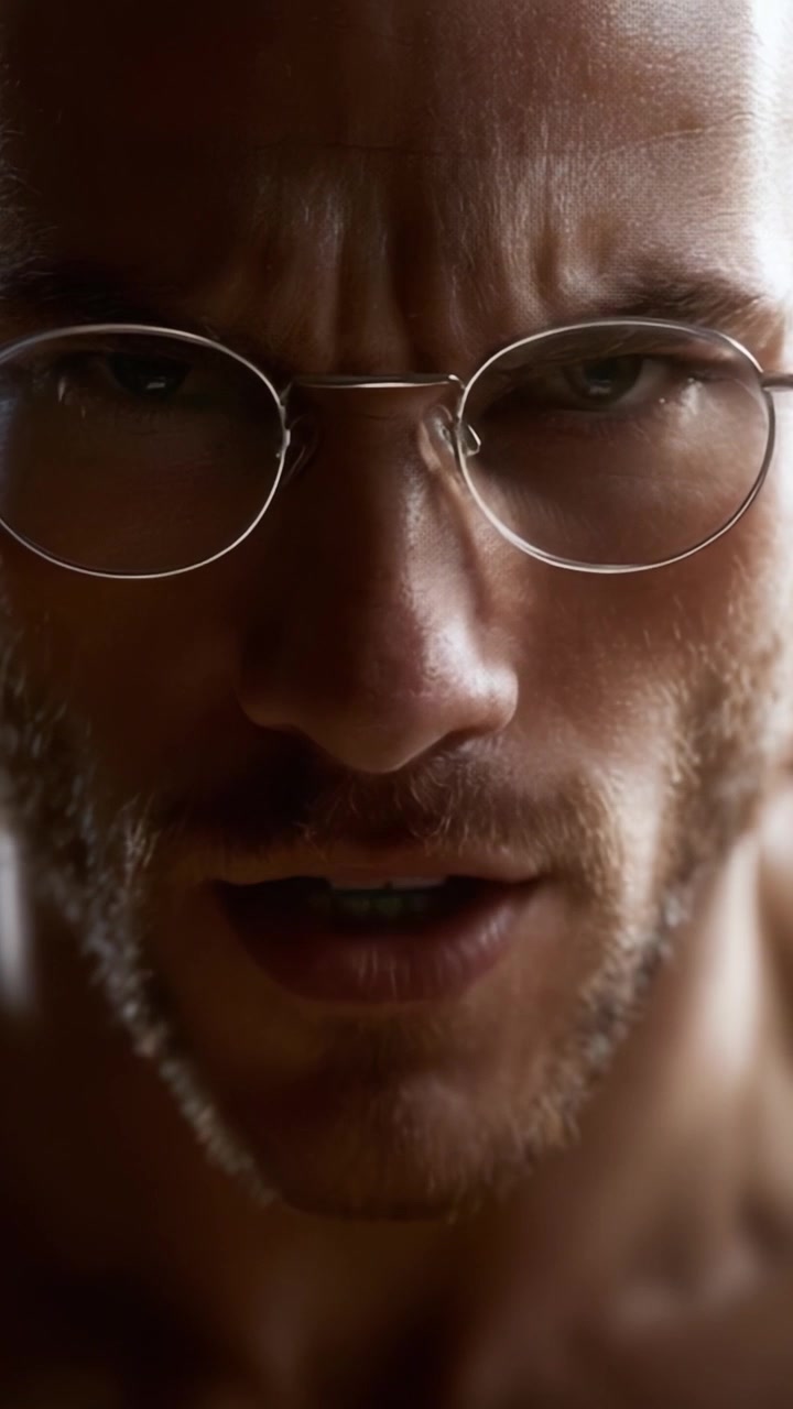 Intense Close-Up of a Man with Glasses Showing Emotion and Focus in Two Frames Capturing the Transition from Calm to Passionate Expression