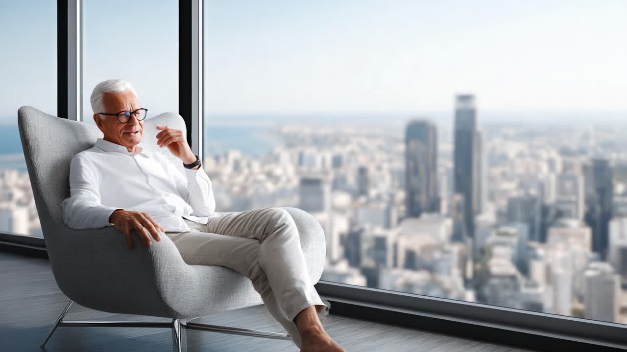 An Elderly Man Enjoys a Serene Moment by the Window, Gazing at a Panoramic Cityscape View from His Stylish Armchair in a Modern High-rise Apartment