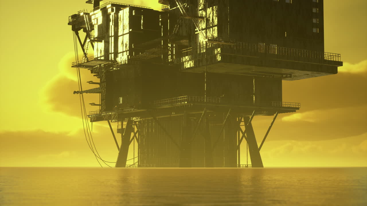 Oil rig stands tall against a vibrant yellow sunset in the open sea