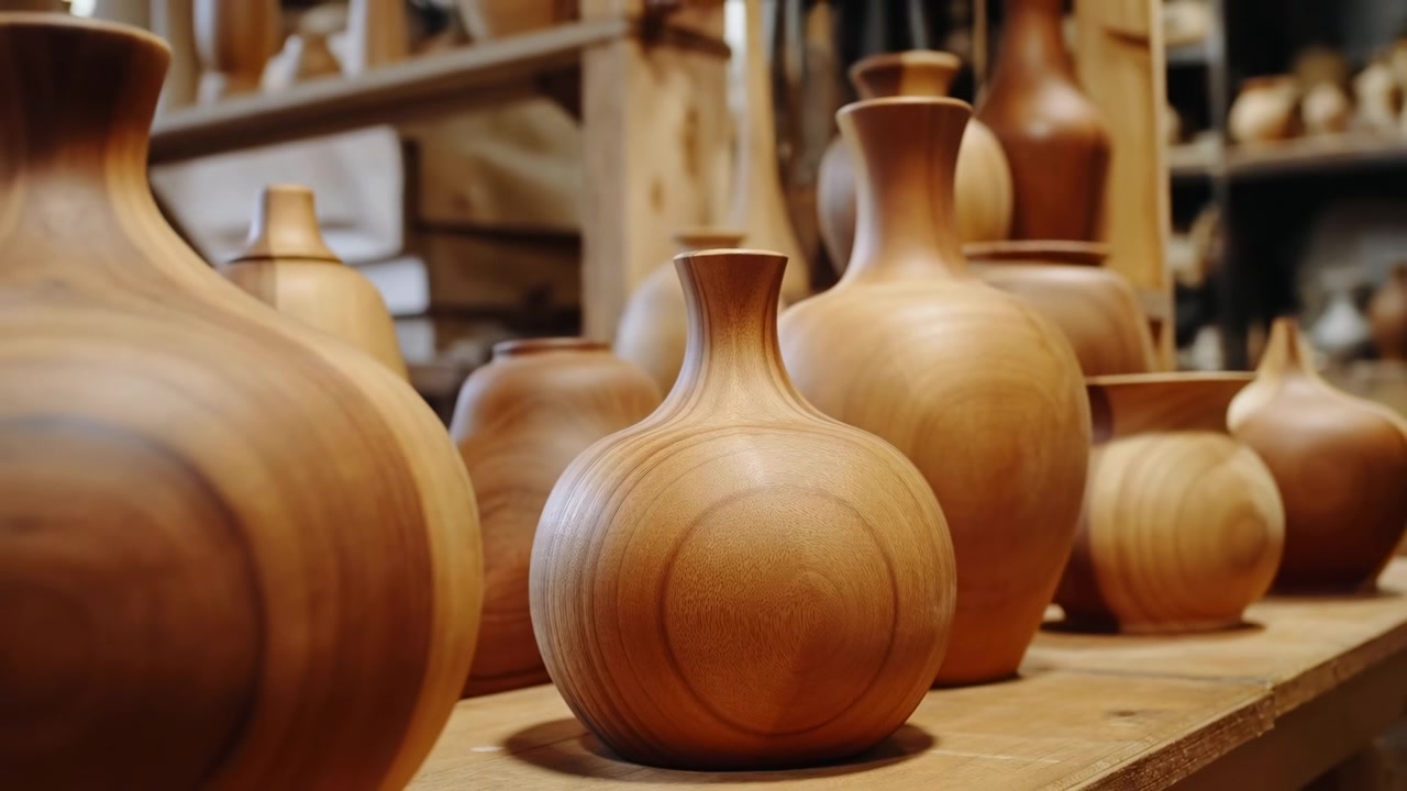 Jarrones de madera en estante de taller, iluminación ámbar cálida resalta las formas torneadas y la veta natural, artesanal
