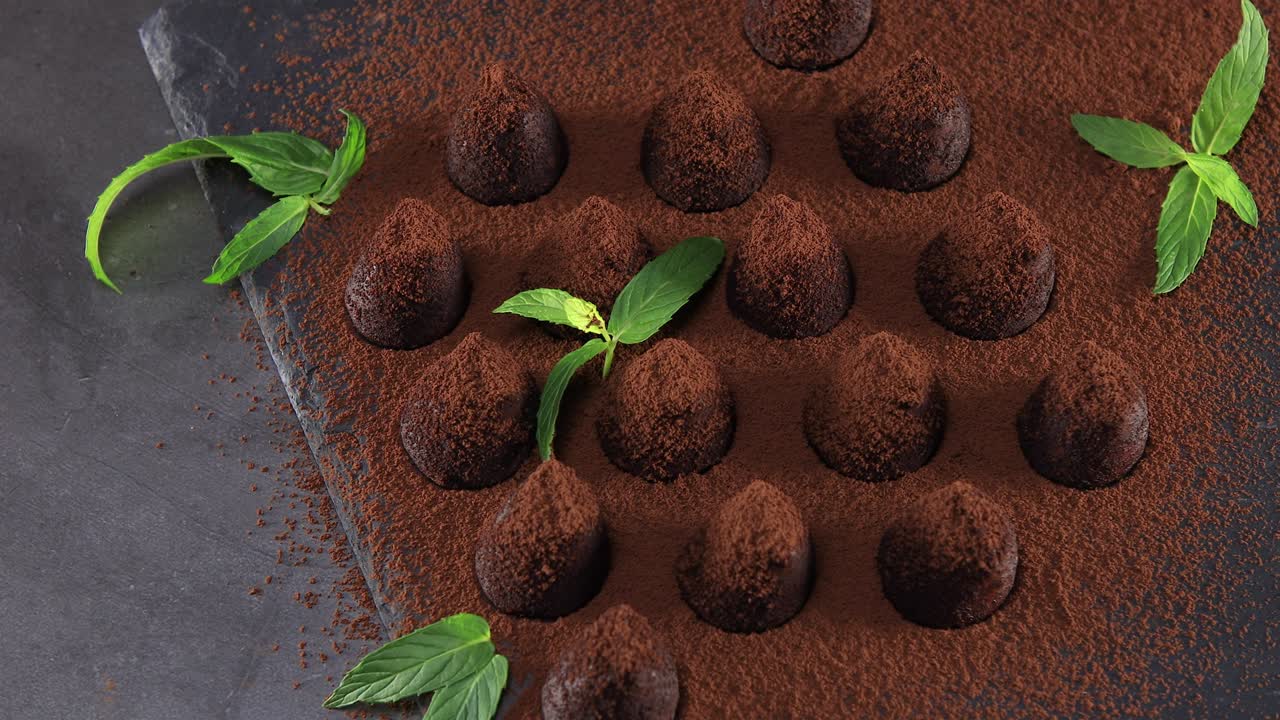 vista superior de las trufas de chocolate salpicadas de cacao