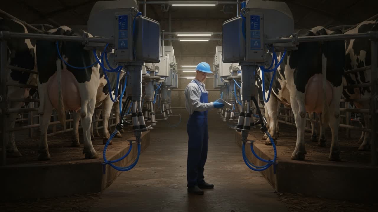 Efficient Dairy Farming: A Worker Interacting with Automated Milking Machines in a Modern Barn Environment Surrounded by Dairy Cows