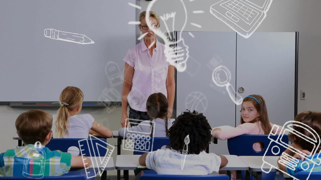 animación de iconos escolares de educación sobre diversos escolares en el aula