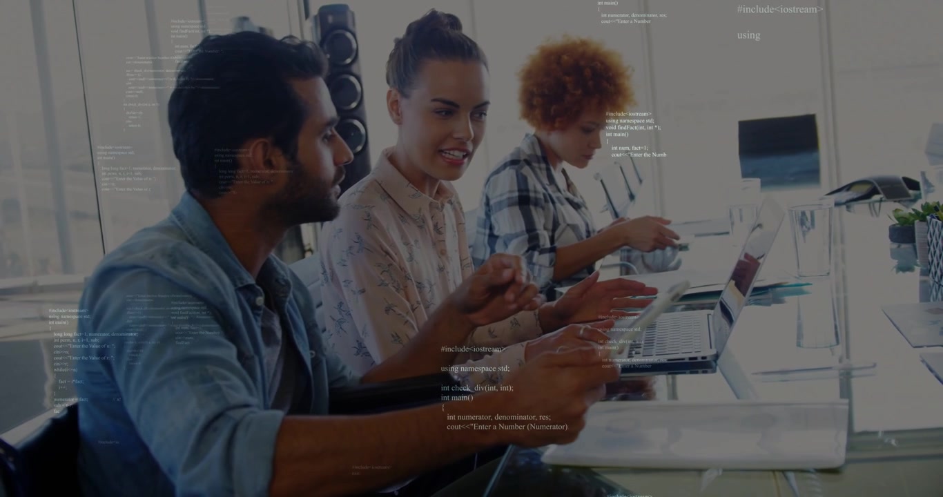 Man presenting tablet, sparking code overlay highlighting tablet while team doing tech review
