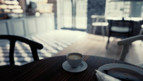 taza de café en una mesa de madera en un café moderno