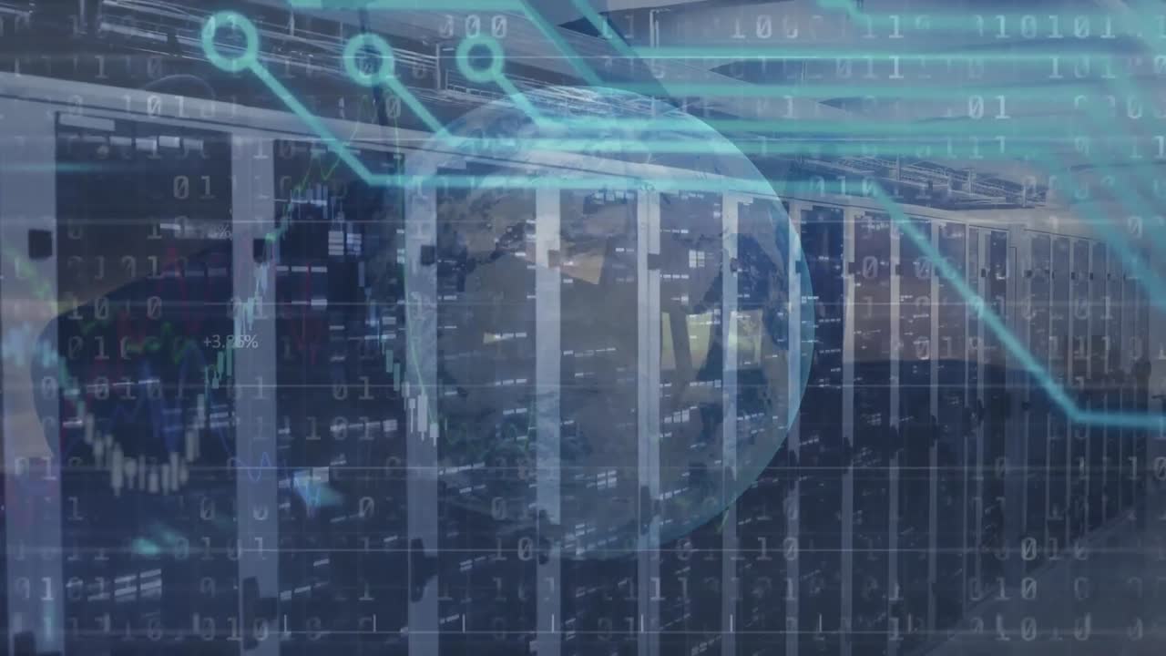 Animation of graphs, binary codes, falling bars and globe over server room and machinery