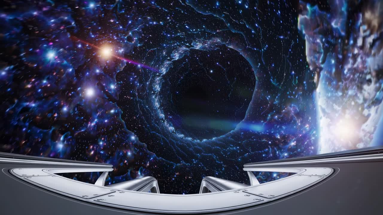 Futuristic video concept of a spaceship cockpit facing a swirling galaxy