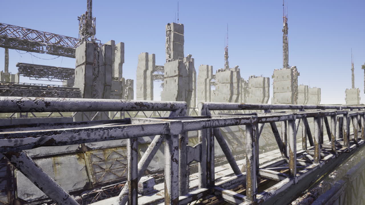 Abandoned industrial complex with overgrown structures in bright daylight