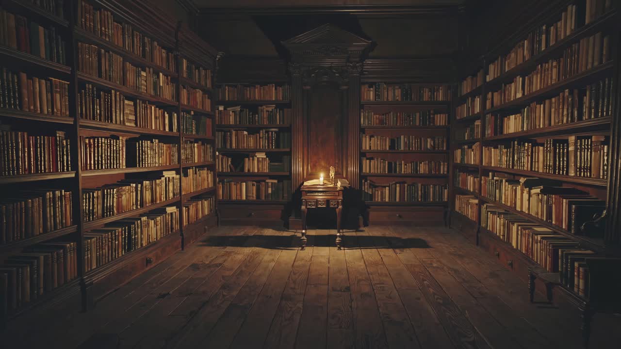 Warm, vintage library with wooden shelves filled with books, captured from a low-angle
