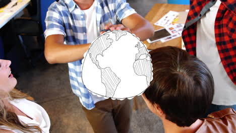 animation of drawn globe over happy diverse colleagues celebrating at casual office meeting