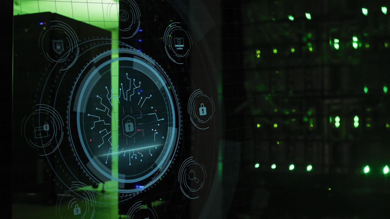 animación del procesamiento de datos y el candado sobre la sala del servidor