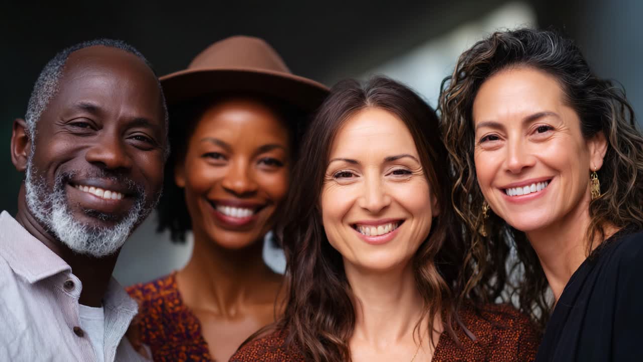 Um grupo alegre de amigos sorrindo juntos, mostrando diversidade e conexão, compartilhando momentos de felicidade e calor em um ambiente vibrante e espontâneo
