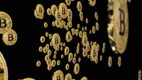 Glänzende-Bitcoin-Kryptowährungsmünzen,-Die-Sich-Drehen-Und-An-Der-Kamera-Vorbeiziehen-–-3D-Animation