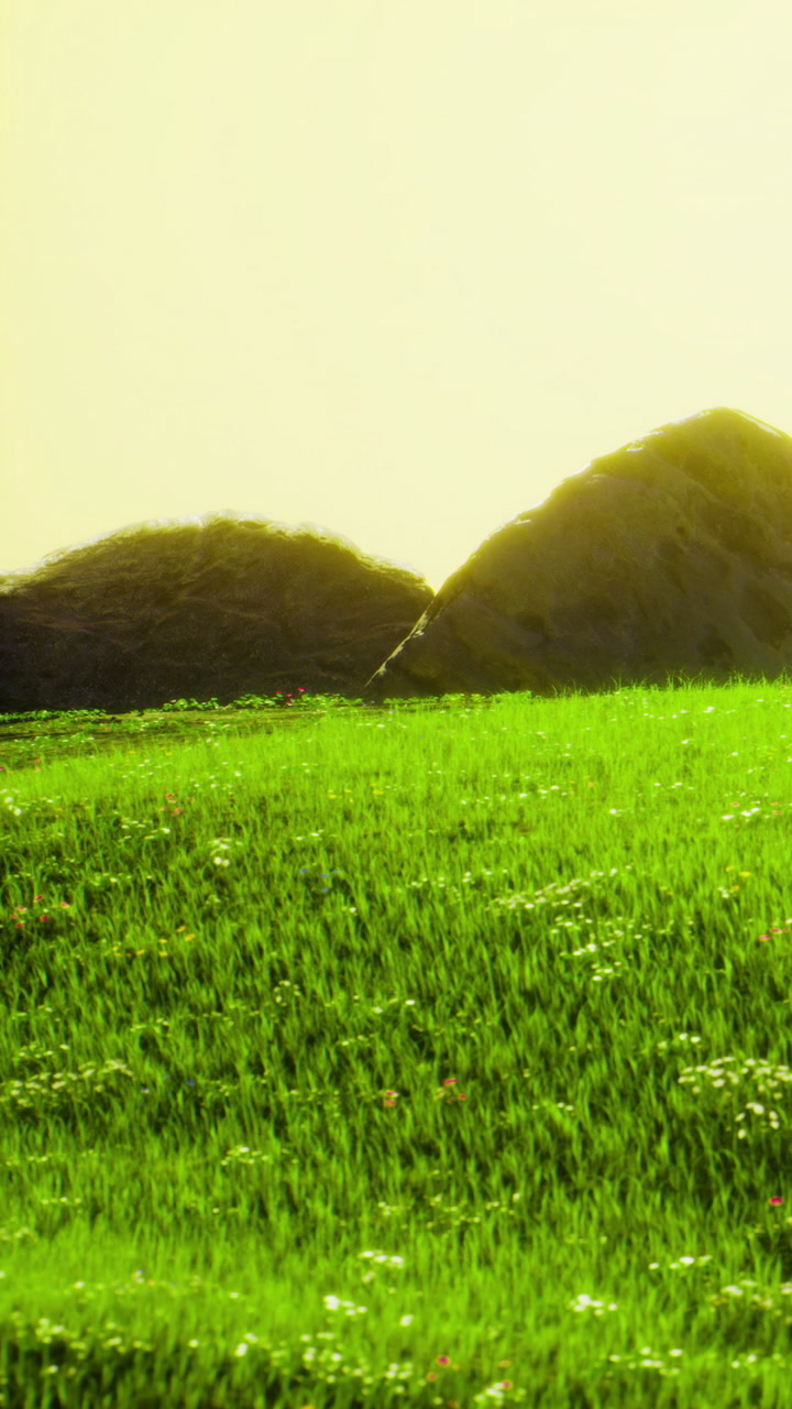 Sunlit meadow with vibrant grass and a majestic stone formation in the backdrop