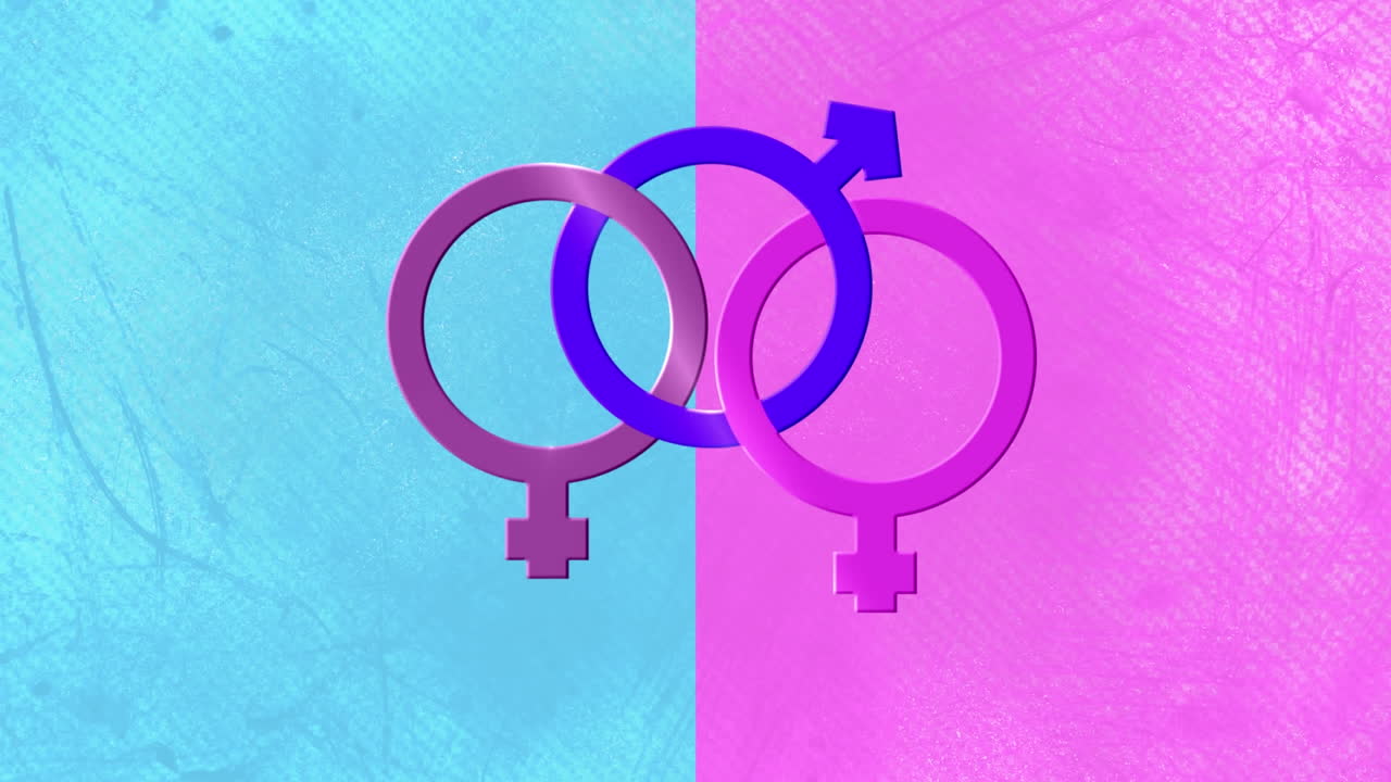 animación de símbolos de género masculino y dos femeninos interconectados, que identifican a los bisexuales, en rosa y azul