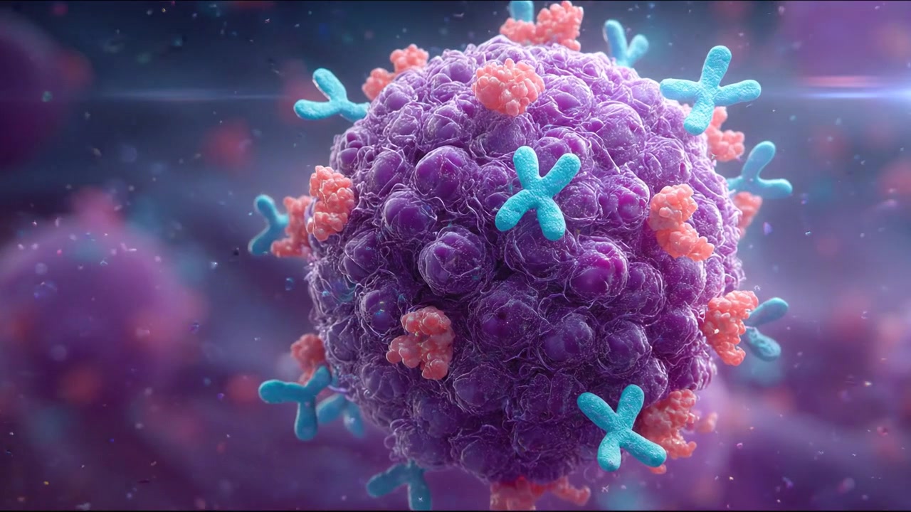 Purple Viral Particle Surrounded by Surface Proteins in Medical Visualization