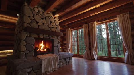 cozy log cabin interior with stone fireplace and nature view