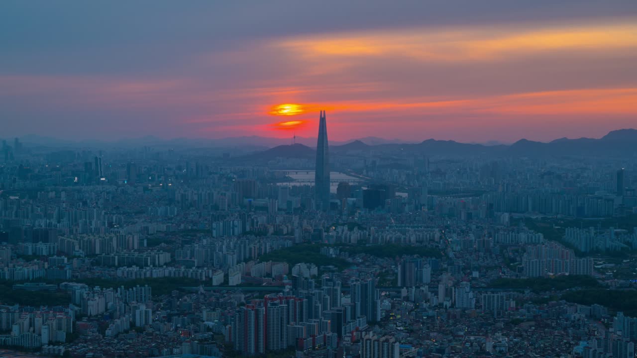 서울의 일몰, 시티 스카이라인, 한국.