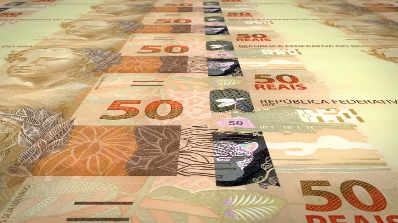 50 브라질 레알의 지폐가 화면에 굴러, 현금, 루프