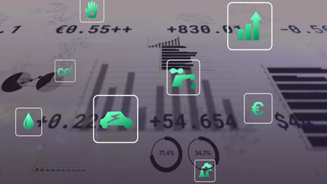 animation of multiple digital icons over statistical data processing against grey background